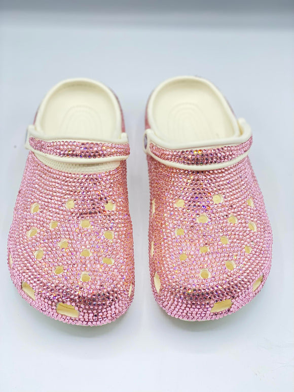 Bling Pink Rhinestone in White Clogs Adults