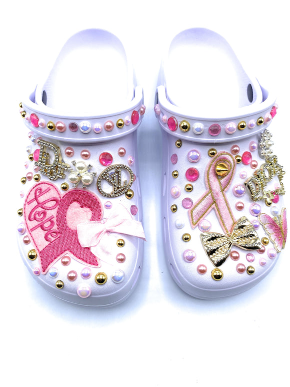 Breast Cancer Theme White Clogs